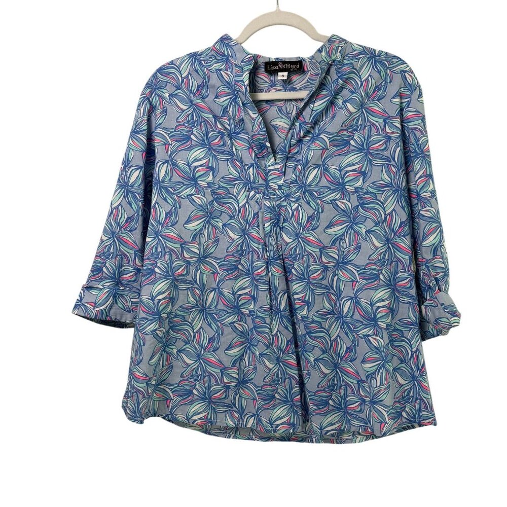 Liza Byrd Popover Top Size S Blue Pink Floral 3/4 Roll‎ Tab Sleeve V Neck Beach